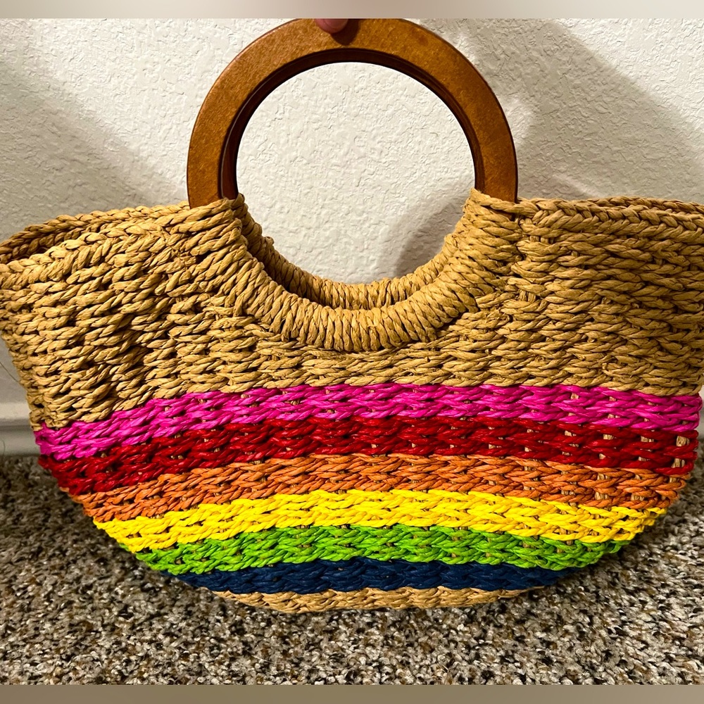 Rainbow straw purse with wood circle handles